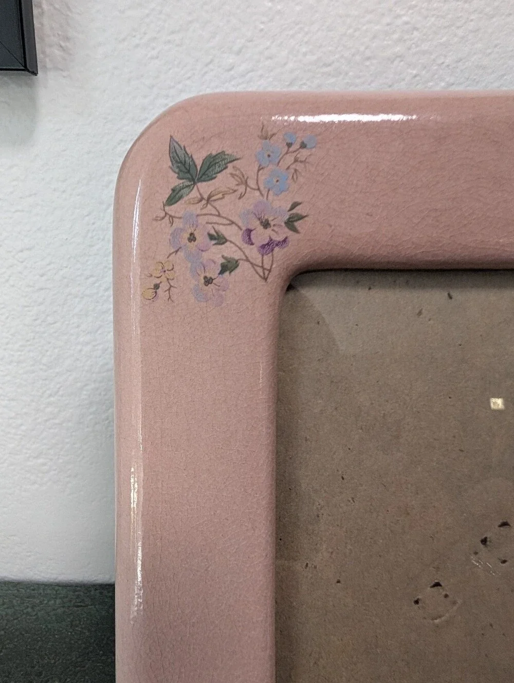 Vtg Terragrafics Picture Frame Floral Pink Crackle Glaze Ceramic Cottage Core
